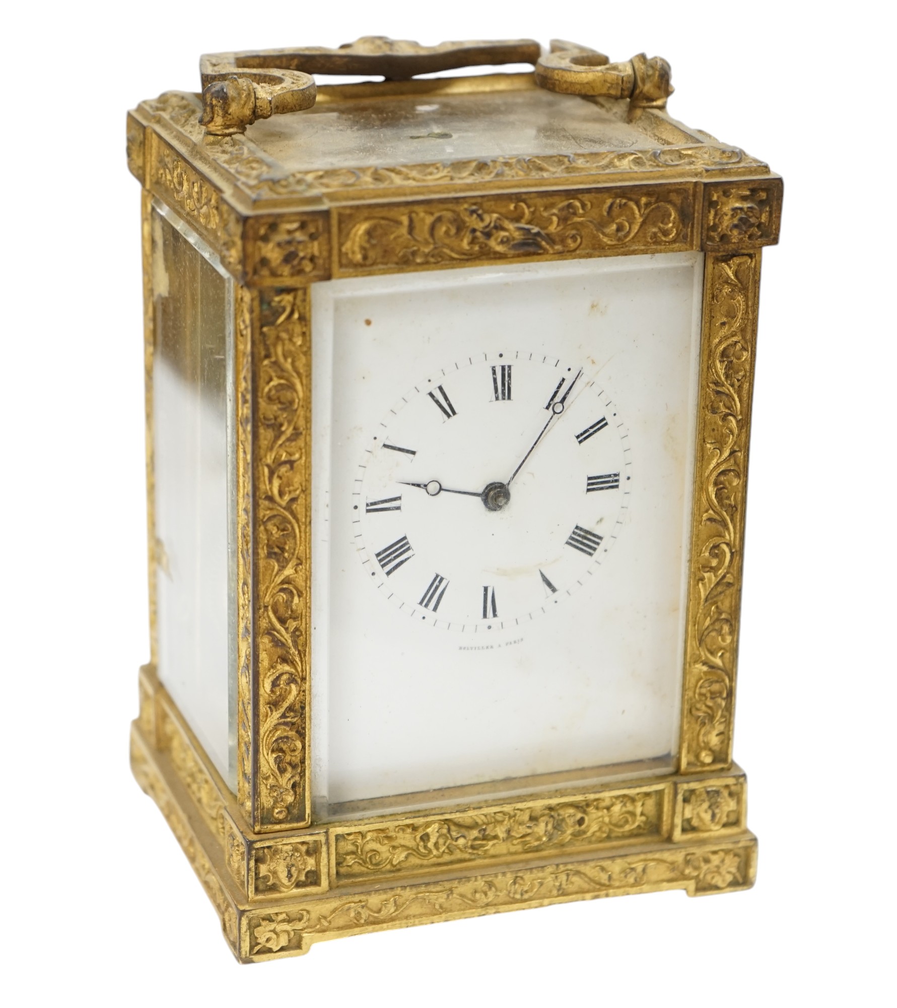 A 19th century French fancy ormolu cased carriage clock, movement requires work, 13cm high. Condition - dial marked, gilding tarnished in places